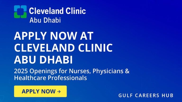 Banner showing Cleveland Clinic Abu Dhabi jobs 2025 for nurses, doctors, and healthcare professionals with apply now button