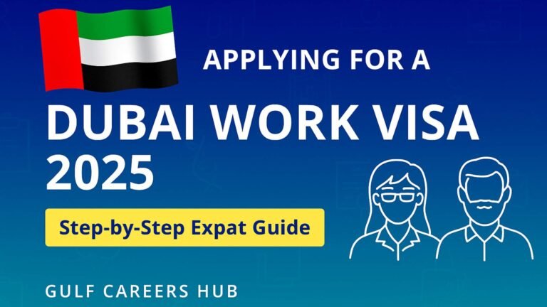 Banner showing Dubai work visa 2025 guide with UAE flag and expat icons