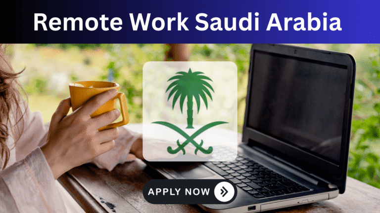 Modern home office in Saudi Arabia with laptop and Arabic coffee, representing remote work opportunities under Vision 2030