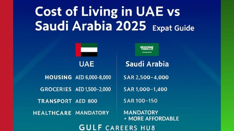 Infographic comparing cost of living in UAE vs Saudi Arabia 2025 for expats