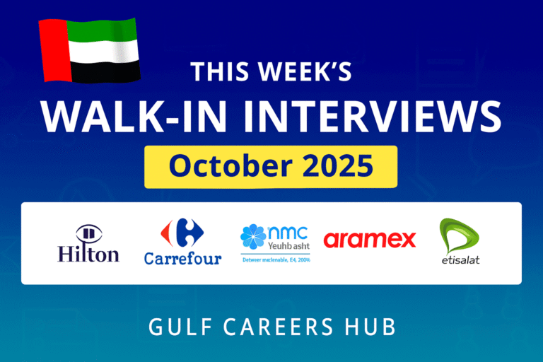 Banner showing UAE walk‑in interviews October 2025 with company logos Hilton, Carrefour, NMC, Aramex, Etisalat
