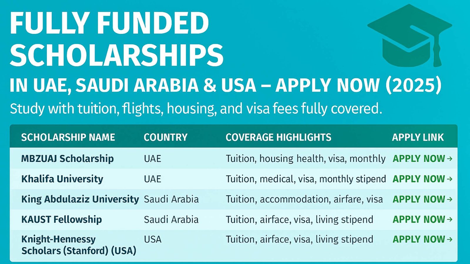 Fully Funded Scholarships in UAE, Saudi Arabia & USA — Apply Now (2025)
